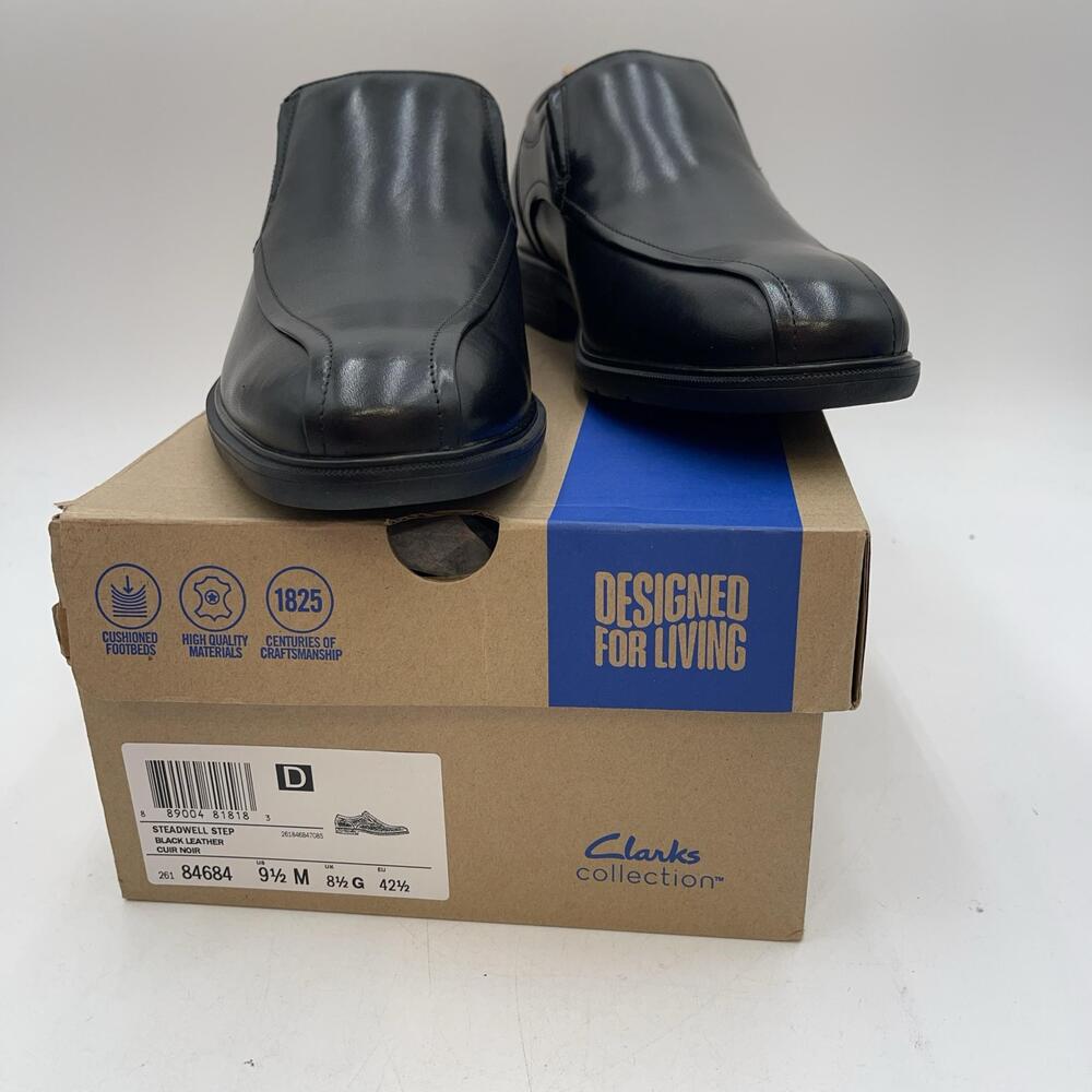 Clarks Steadwell Step Shoes Mens Black Leather Dress Slip On Square Toe Size 9.5